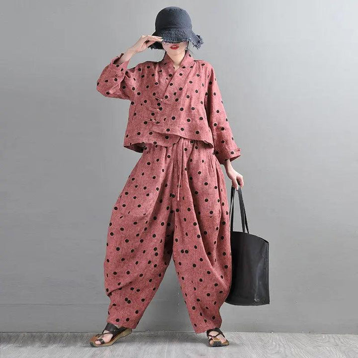 Retro Rust Red Linen Wave Point Bloomer Pants Suit-Women's Shirt-Thebesttailor-Thebesttailor