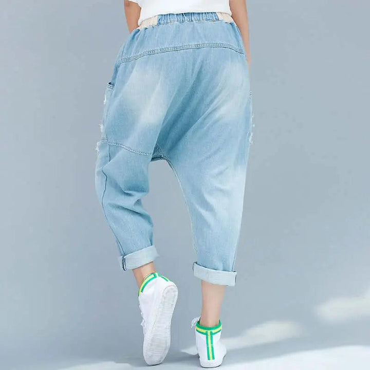 Women's summer blue denim casual pants with pockets pencil pants-Women's pants-Thebesttailor-Thebesttailor