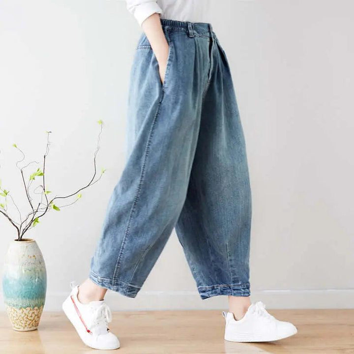 Stylish Summer Washed Light Blue Denim Baggy Pants for Women-Women's pants-Thebesttailor-Thebesttailor