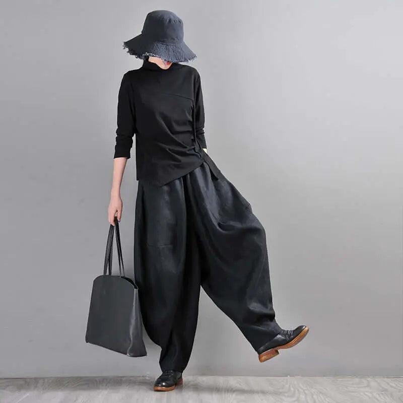 Bohemian Black Linen Harem Pants for Women-Women's pants-Thebesttailor-Thebesttailor