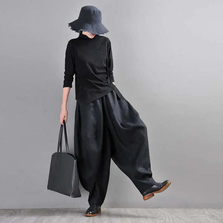 Bohemian Black Linen Harem Pants for Women-Women's pants-Thebesttailor-Thebesttailor
