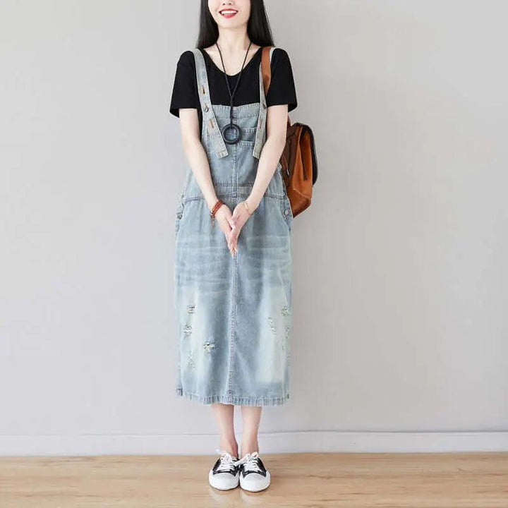 Light Blue Ripped Denim Sleeveless Dress with Retro Straps-Women's dress-Thebesttailor-Thebesttailor