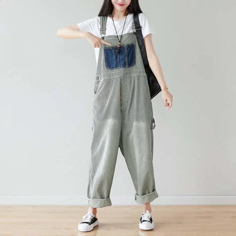 Summer Cotton Striped Casual Overalls with Pockets for Women-Women's pants-Thebesttailor-Thebesttailor
