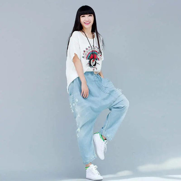 Women's summer blue denim casual pants with pockets pencil pants-Women's pants-Thebesttailor-Thebesttailor