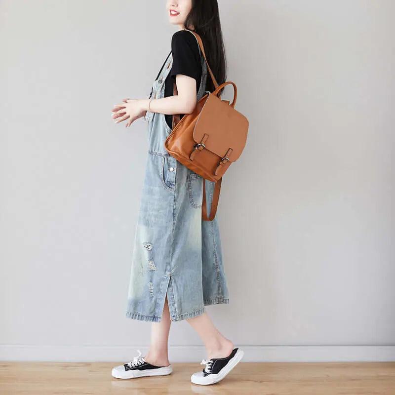 Light Blue Ripped Denim Sleeveless Dress with Retro Straps-Women's dress-Thebesttailor-Thebesttailor