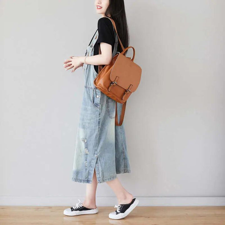 Light Blue Ripped Denim Sleeveless Dress with Retro Straps-Women's dress-Thebesttailor-Thebesttailor