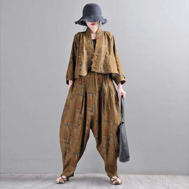 Retro Style Dark Brown Linen Two-Piece Set for Women-Women's Shirt-Thebesttailor-One size-Dark Brown-Linen-Thebesttailor