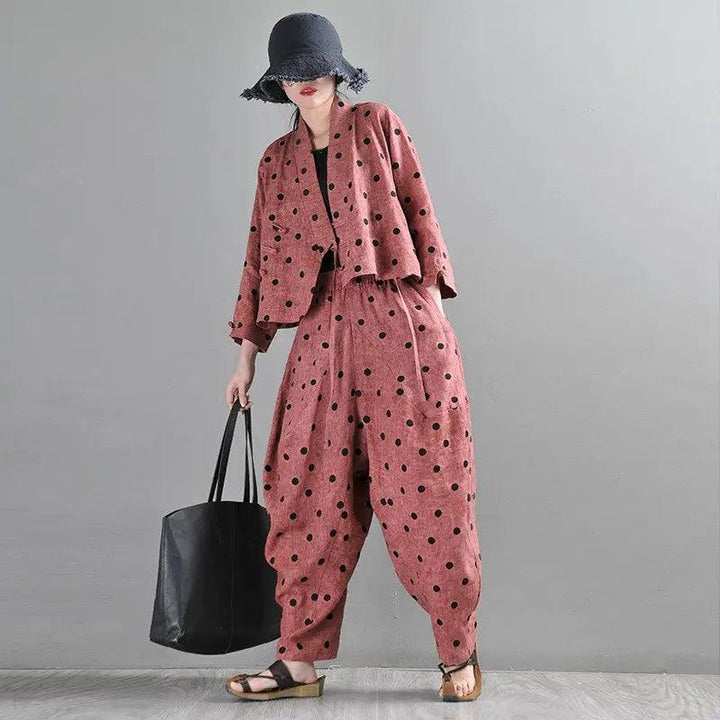 Retro Rust Red Linen Wave Point Bloomer Pants Suit-Women's Shirt-Thebesttailor-Thebesttailor