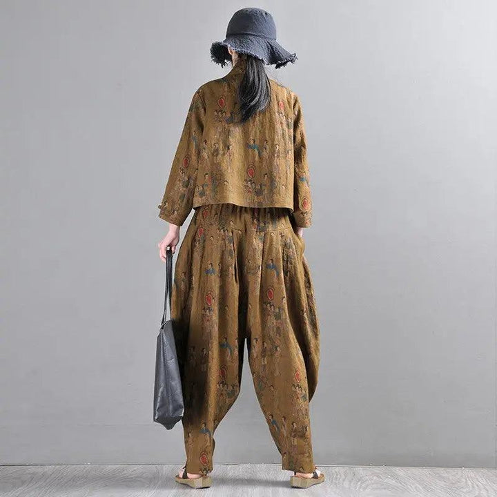 Retro Style Dark Brown Linen Two-Piece Set for Women-Women's Shirt-Thebesttailor-Thebesttailor