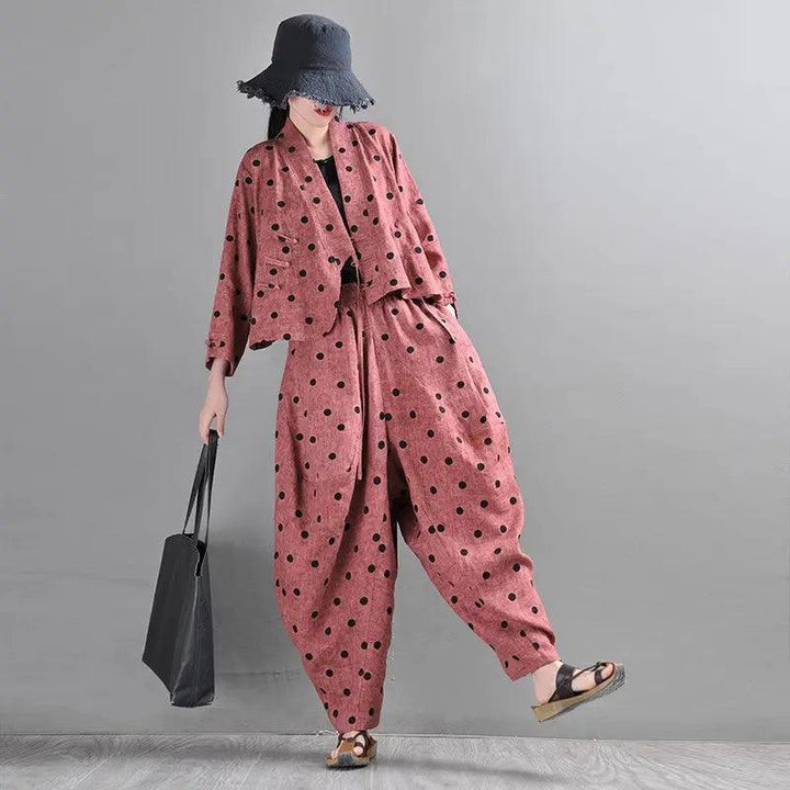 Retro Rust Red Linen Wave Point Bloomer Pants Suit-Women's Shirt-Thebesttailor-Thebesttailor