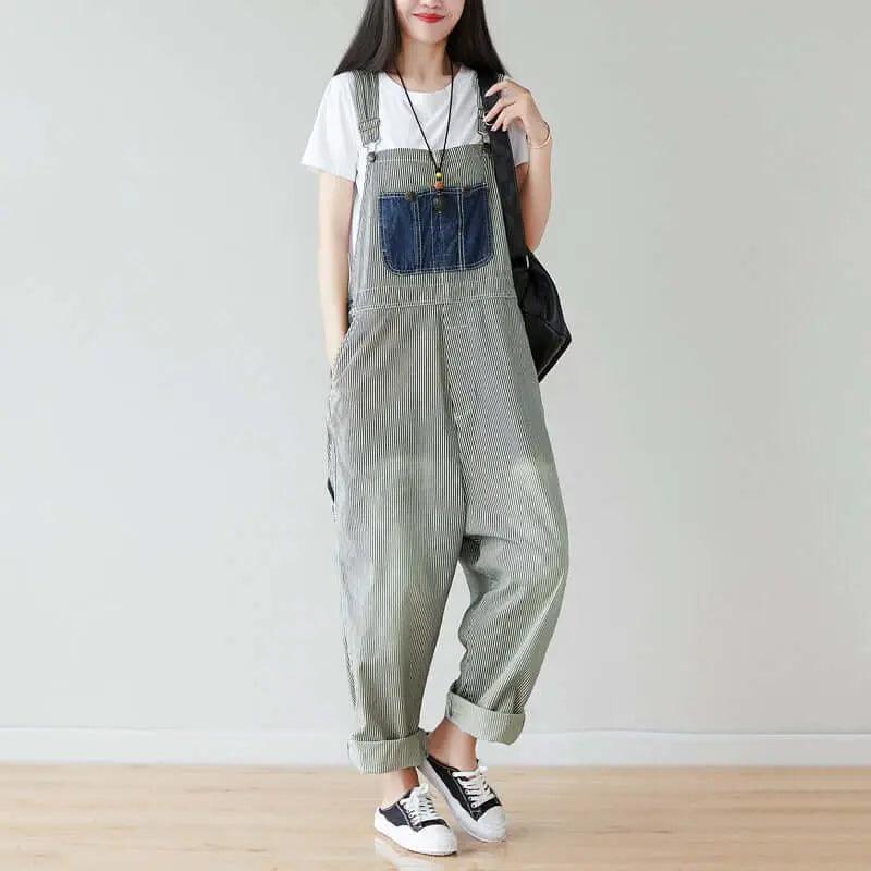 Summer Cotton Striped Casual Overalls with Pockets for Women-Women's pants-Thebesttailor-Thebesttailor