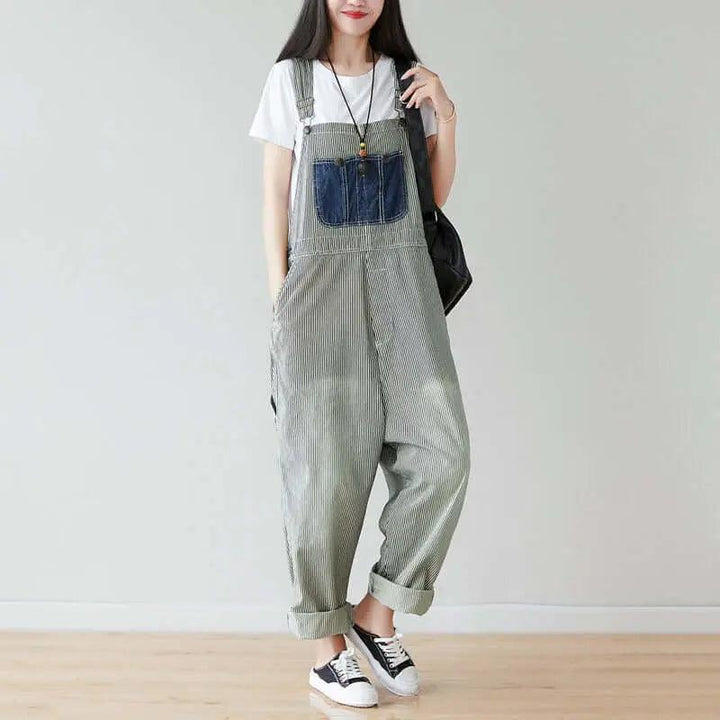 Summer Cotton Striped Casual Overalls with Pockets for Women-Women's pants-Thebesttailor-Thebesttailor