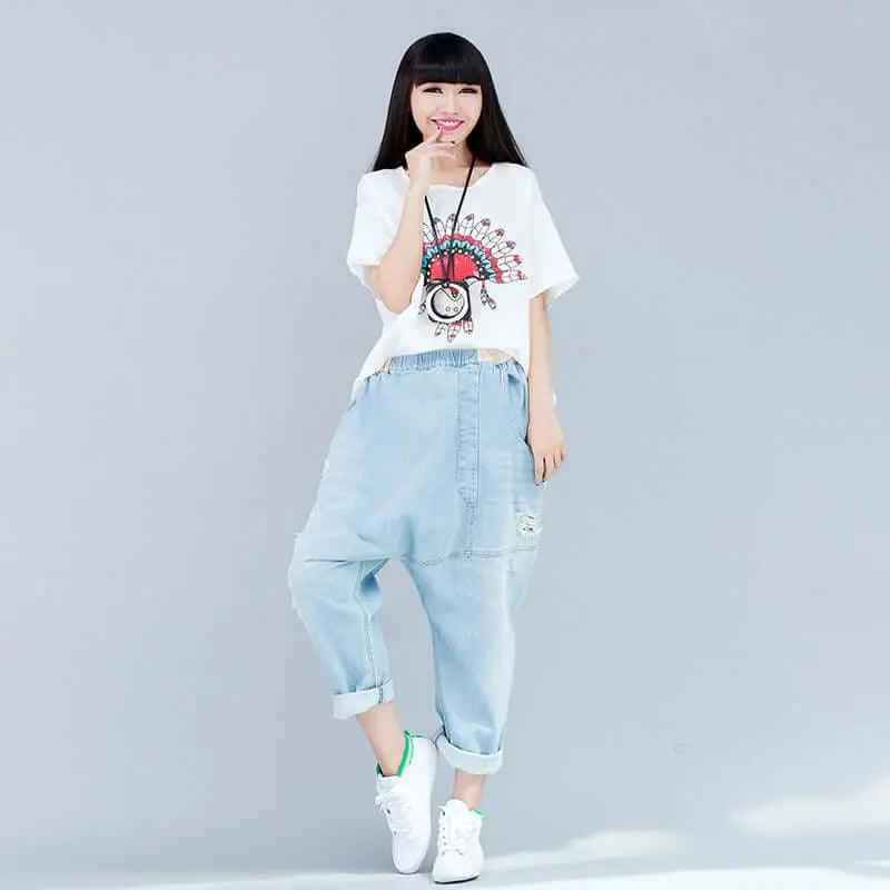 Women's summer blue denim casual pants with pockets pencil pants-Women's pants-Thebesttailor-Thebesttailor