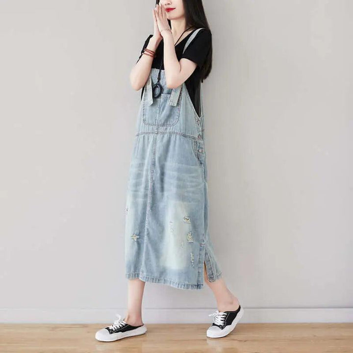 Light Blue Ripped Denim Sleeveless Dress with Retro Straps-Women's dress-Thebesttailor-Thebesttailor