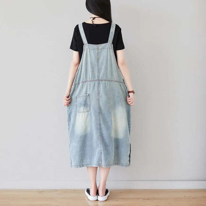 Light Blue Ripped Denim Sleeveless Dress with Retro Straps-Women's dress-Thebesttailor-Thebesttailor