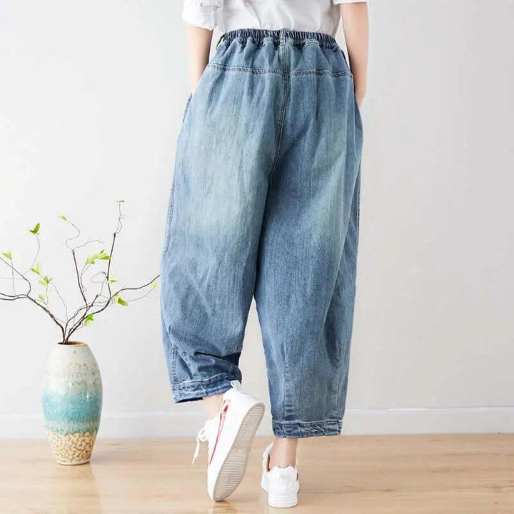 Stylish Summer Washed Light Blue Denim Baggy Pants for Women-Women's pants-Thebesttailor-Thebesttailor