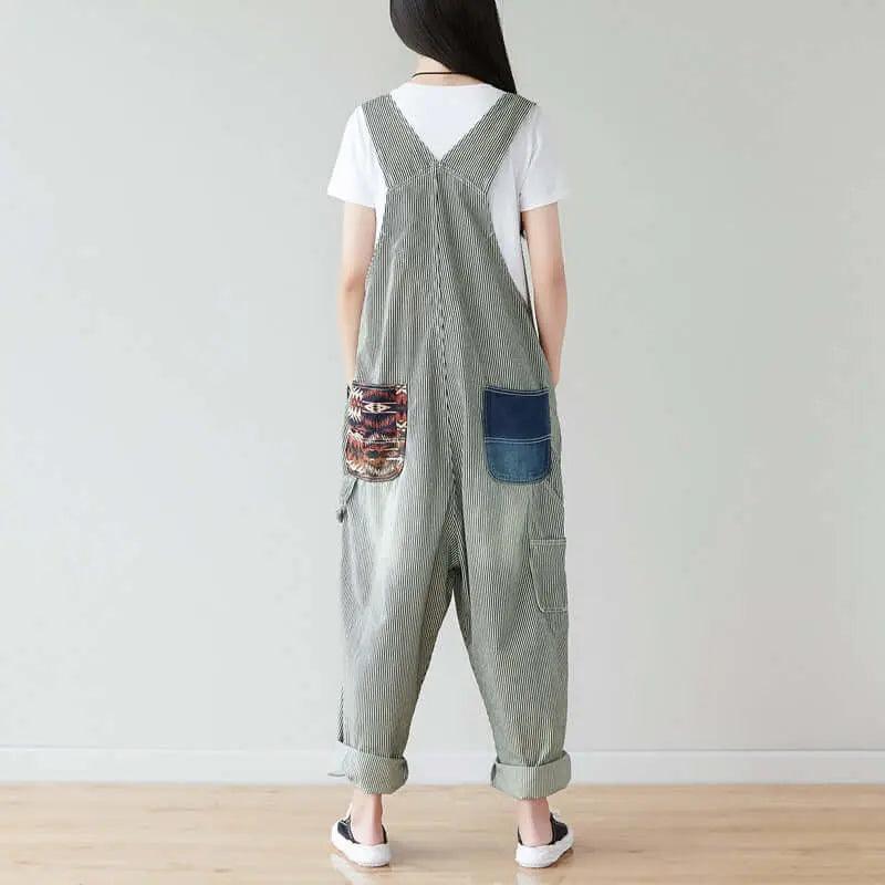 Summer Cotton Striped Casual Overalls with Pockets for Women-Women's pants-Thebesttailor-Thebesttailor