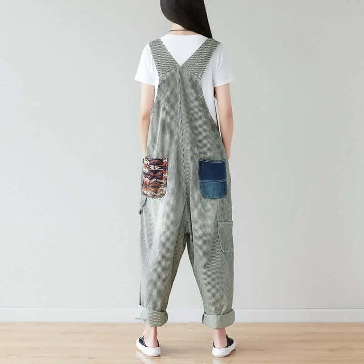 Summer Cotton Striped Casual Overalls with Pockets for Women-Women's pants-Thebesttailor-Thebesttailor