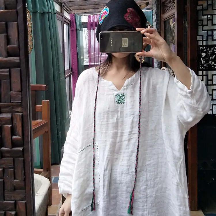 Autumn White Linen Vintage Long Sleeve Robe Woman Long Dress