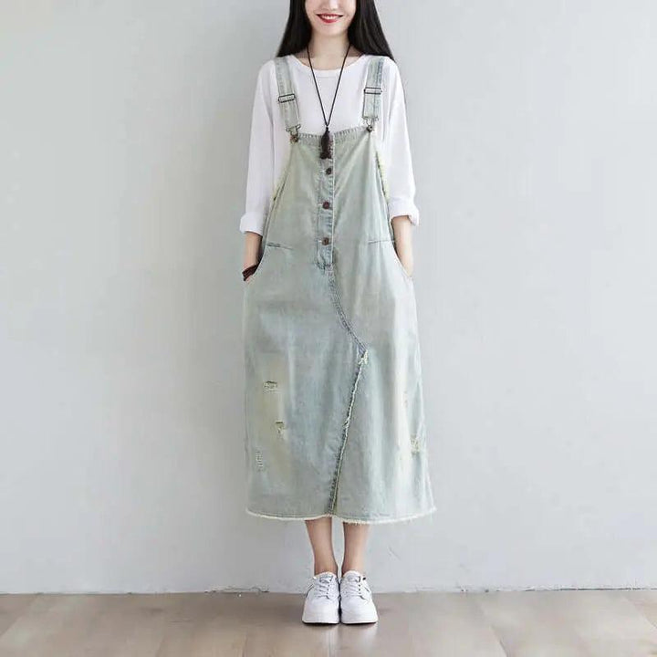 Blue Denim Midi Dress for Women: Summer Casual Chic Outfit-Women's dress-Thebesttailor-One size-Light blue-Cotton-Thebesttailor