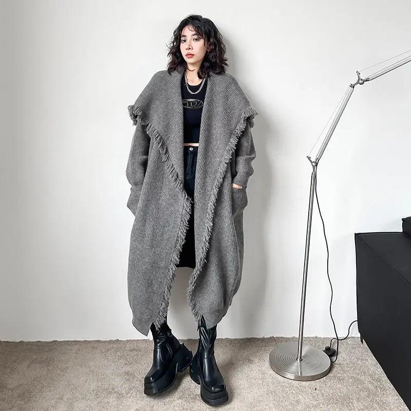 Women's Winter Knitwear: Long Fringed Sweater Coat-KNITTED SWEATERS-Thebesttailor-One size-Grey-Wool blend-Thebesttailor