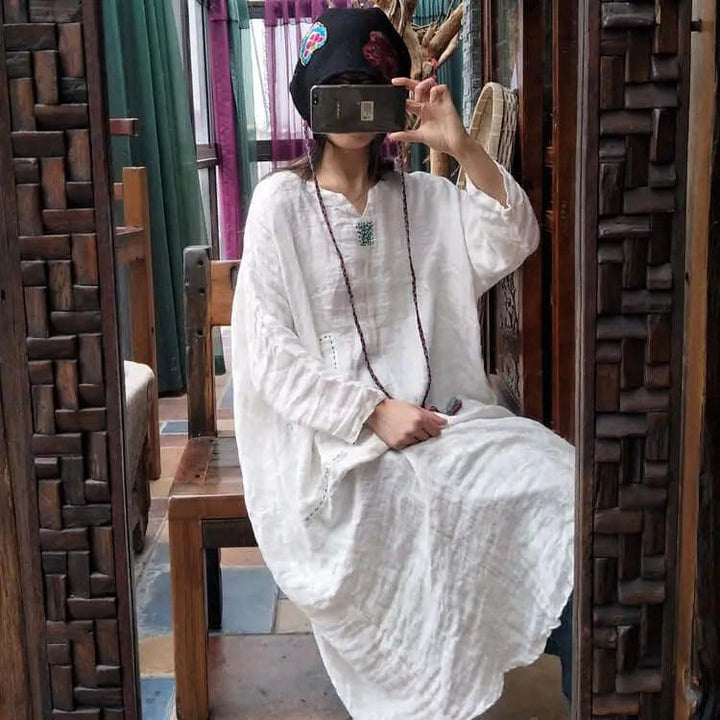 Autumn White Linen Vintage Long Sleeve Robe Woman Long Dress