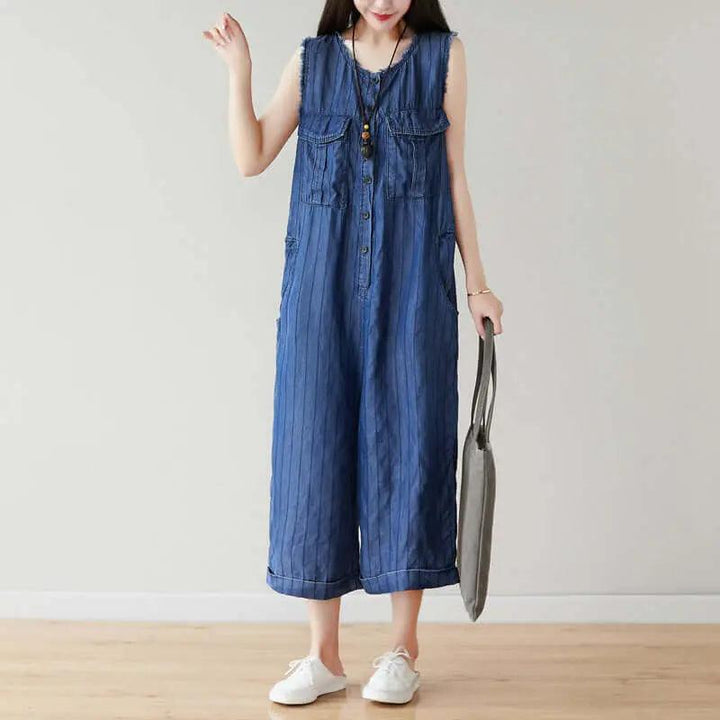 Denim Sleeveless Cropped Jumpsuit in Dark Blue Stripes for Women-Women's pants-Thebesttailor-One size-Dark blue-Thebesttailor
