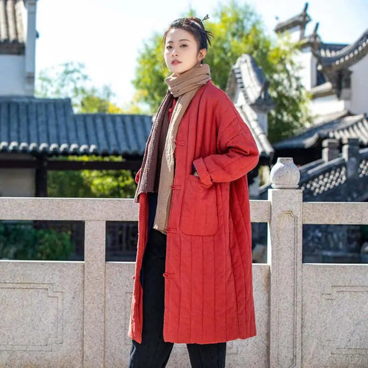 Red Oversize Linen Padded Long-Sleeved Winter Coat for Women-Women's coat-Thebesttailor-One size-Red-Thebesttailor