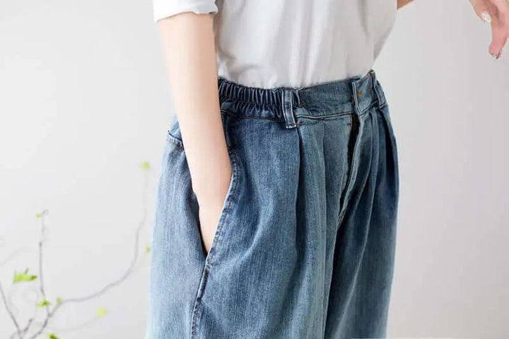 Stylish Summer Washed Light Blue Denim Baggy Pants for Women-Women's pants-Thebesttailor-Thebesttailor