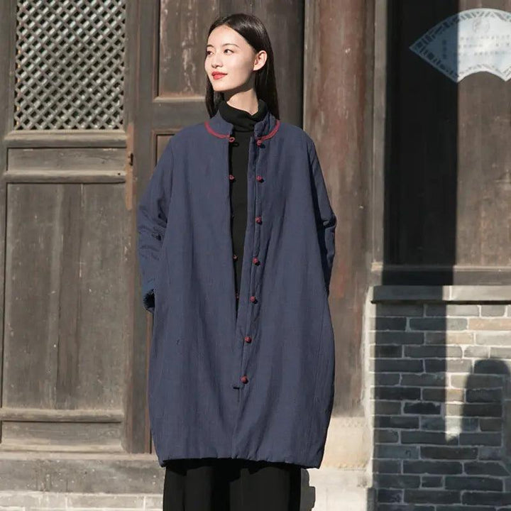 Women's Winter Coat Oversized Linen Cotton Coat with Handy Pockets-Women's coat-Thebesttailor-One size-Navy blue-Linen-Thebesttailor