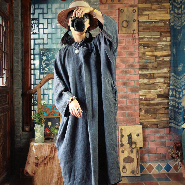 Autumn Woman Gray Blue Linen Vintage Robe Dress Kaftan Dress