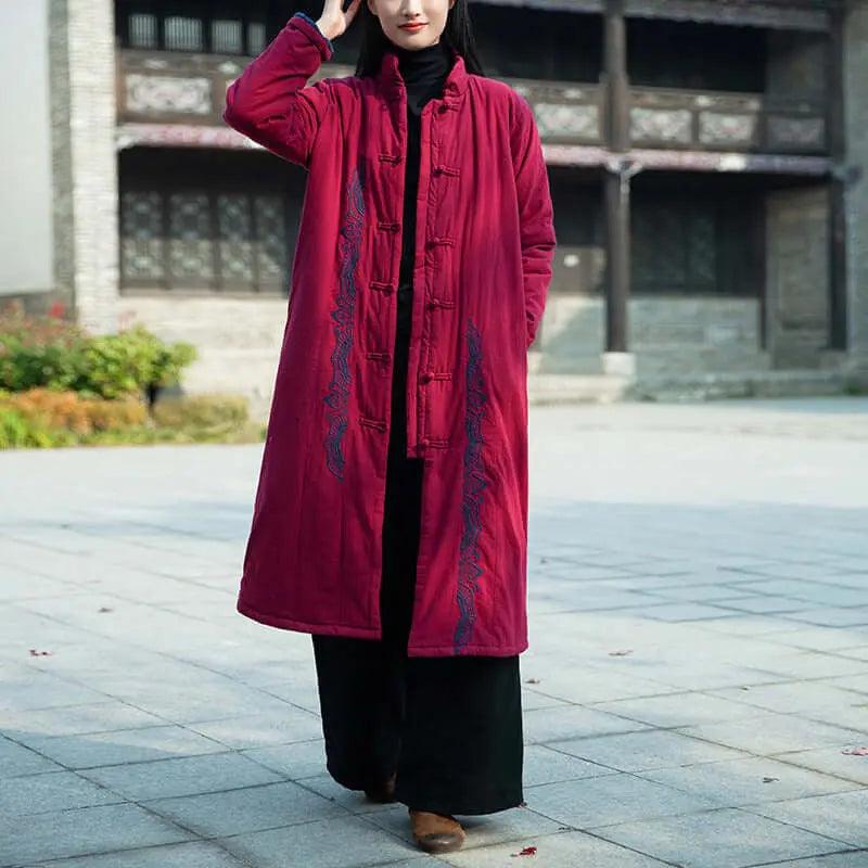 Burgundy Linen and Cotton Padded Winter Coat for Women-Women's coat-Thebesttailor-One size-Burgundy-Thebesttailor