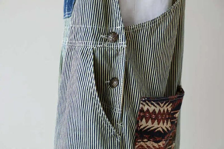 Summer Cotton Striped Casual Overalls with Pockets for Women-Women's pants-Thebesttailor-Thebesttailor