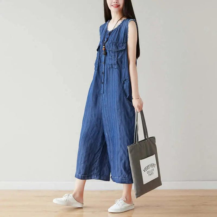 Denim Sleeveless Cropped Jumpsuit in Dark Blue Stripes for Women-Women's pants-Thebesttailor-Thebesttailor