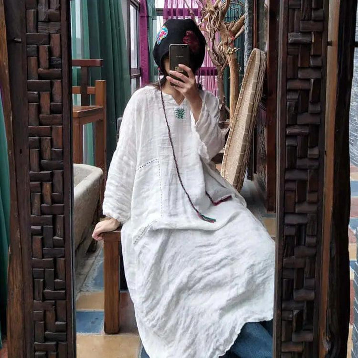 Autumn White Linen Vintage Long Sleeve Robe Woman Long Dress