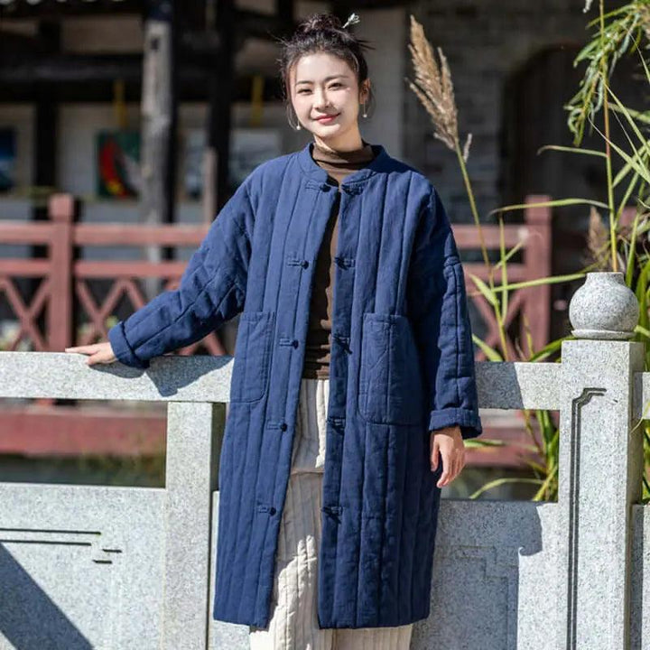 Red Oversize Linen Padded Long-Sleeved Winter Coat for Women-Women's coat-Thebesttailor-One size-Navy blue-Thebesttailor