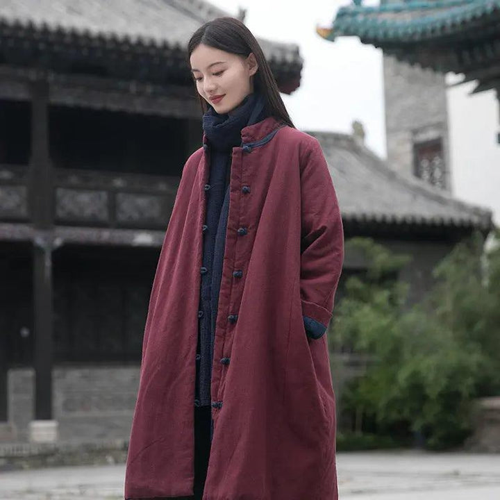 Women's Winter Coat Oversized Linen Cotton Coat with Handy Pockets-Women's coat-Thebesttailor-One size-Wine red-Linen-Thebesttailor