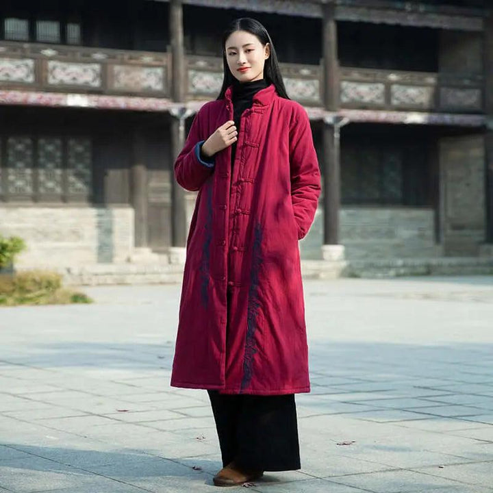 Burgundy Linen and Cotton Padded Winter Coat for Women-Women's coat-Thebesttailor-Thebesttailor