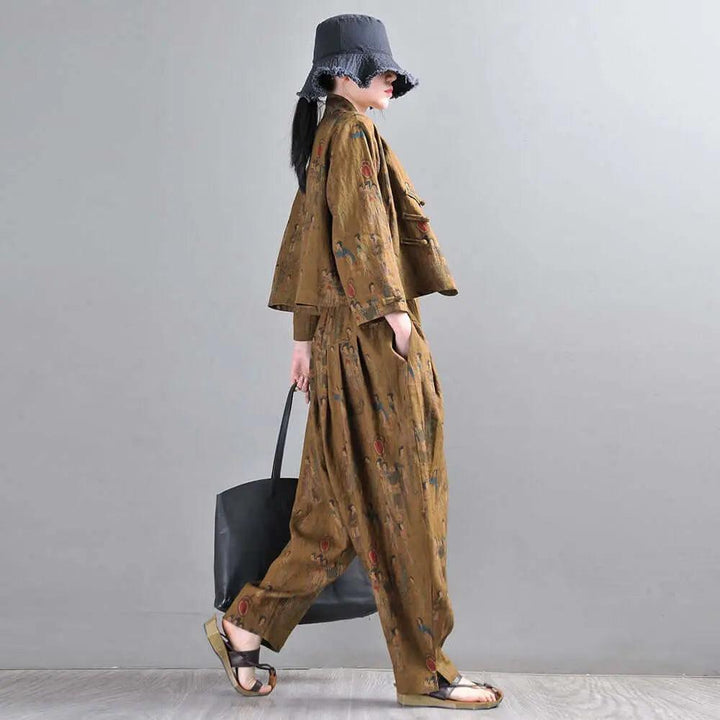Retro Style Dark Brown Linen Two-Piece Set for Women-Women's Shirt-Thebesttailor-Thebesttailor