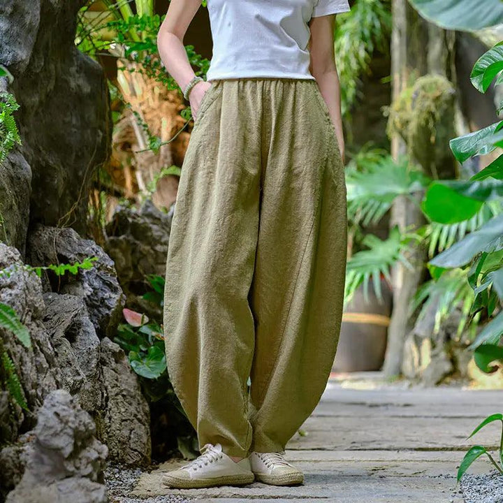 Women Elastic Waist Pants autumn mustard yellow water linen large size casual pants-Women's pants-Thebesttailor-One size-Mustard yellow-Linen-Thebesttailor