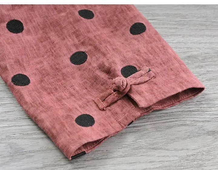 Retro Rust Red Linen Wave Point Bloomer Pants Suit-Women's Shirt-Thebesttailor-Thebesttailor
