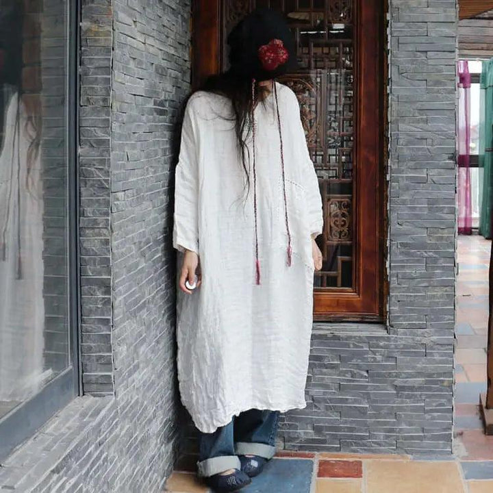 Autumn White Linen Vintage Long Sleeve Robe Woman Long Dress
