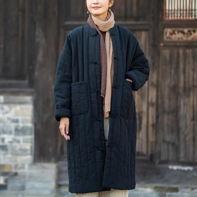Red Oversize Linen Padded Long-Sleeved Winter Coat for Women-Women's coat-Thebesttailor-One size-Black-Thebesttailor