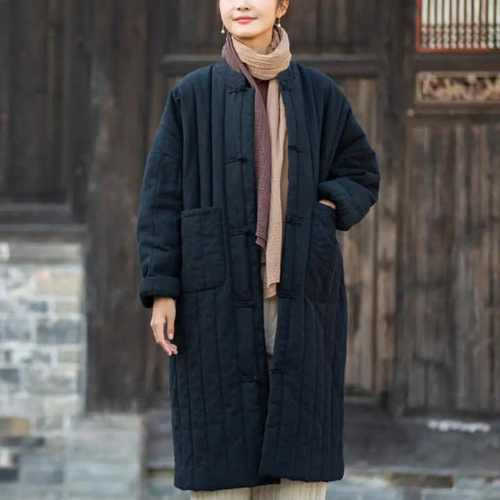 Red Oversize Linen Padded Long-Sleeved Winter Coat for Women-Women's coat-Thebesttailor-One size-Black-Thebesttailor