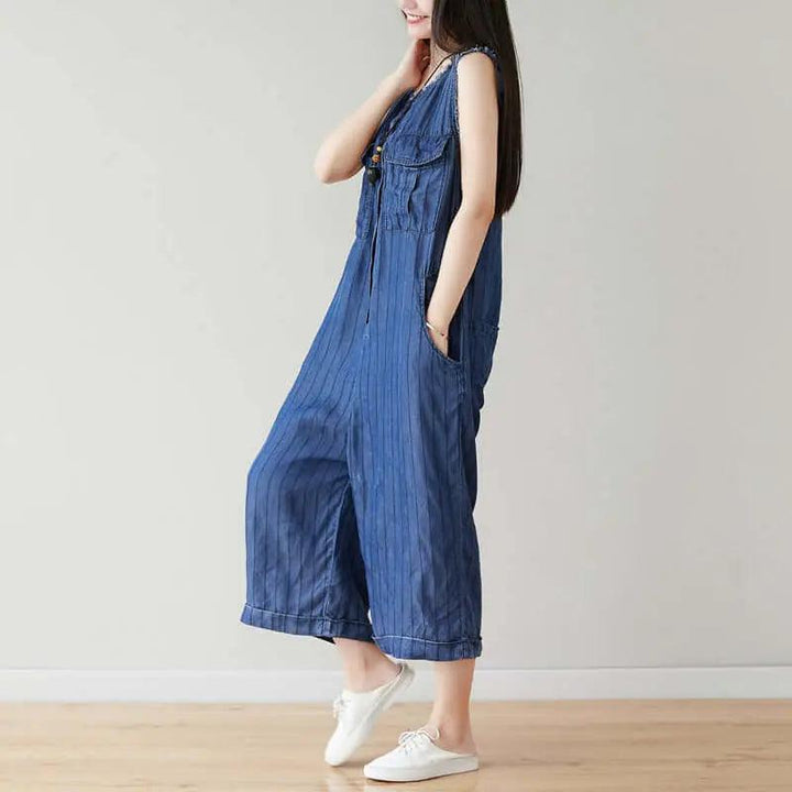 Denim Sleeveless Cropped Jumpsuit in Dark Blue Stripes for Women-Women's pants-Thebesttailor-Thebesttailor