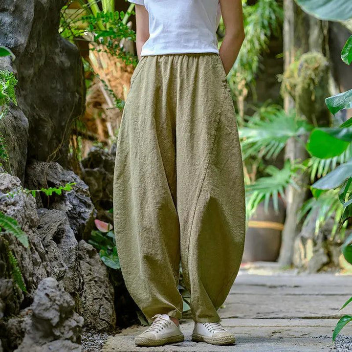 Women Elastic Waist Pants autumn mustard yellow water linen large size casual pants-Women's pants-Thebesttailor-Thebesttailor