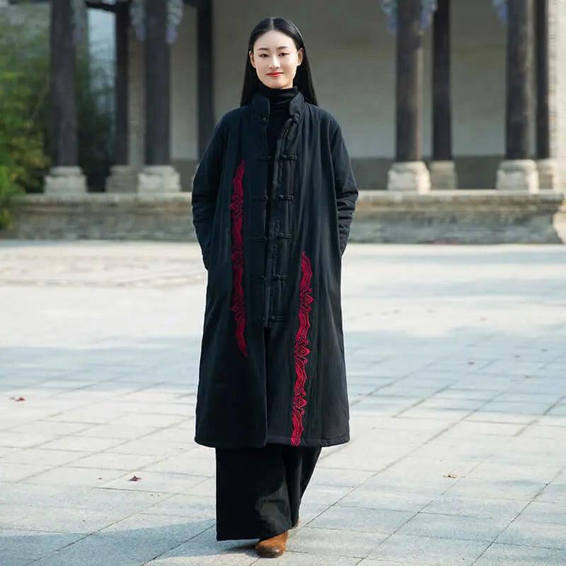 Burgundy Linen and Cotton Padded Winter Coat for Women-Women's coat-Thebesttailor-One size-Black-Thebesttailor