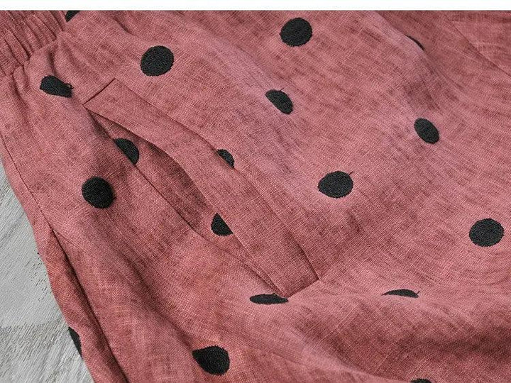 Retro Rust Red Linen Wave Point Bloomer Pants Suit-Women's Shirt-Thebesttailor-Thebesttailor