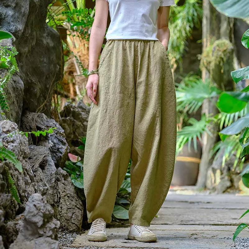 Women Elastic Waist Pants autumn mustard yellow water linen large size casual pants-Women's pants-Thebesttailor-Thebesttailor