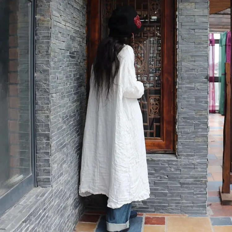 Autumn White Linen Vintage Long Sleeve Robe Woman Long Dress